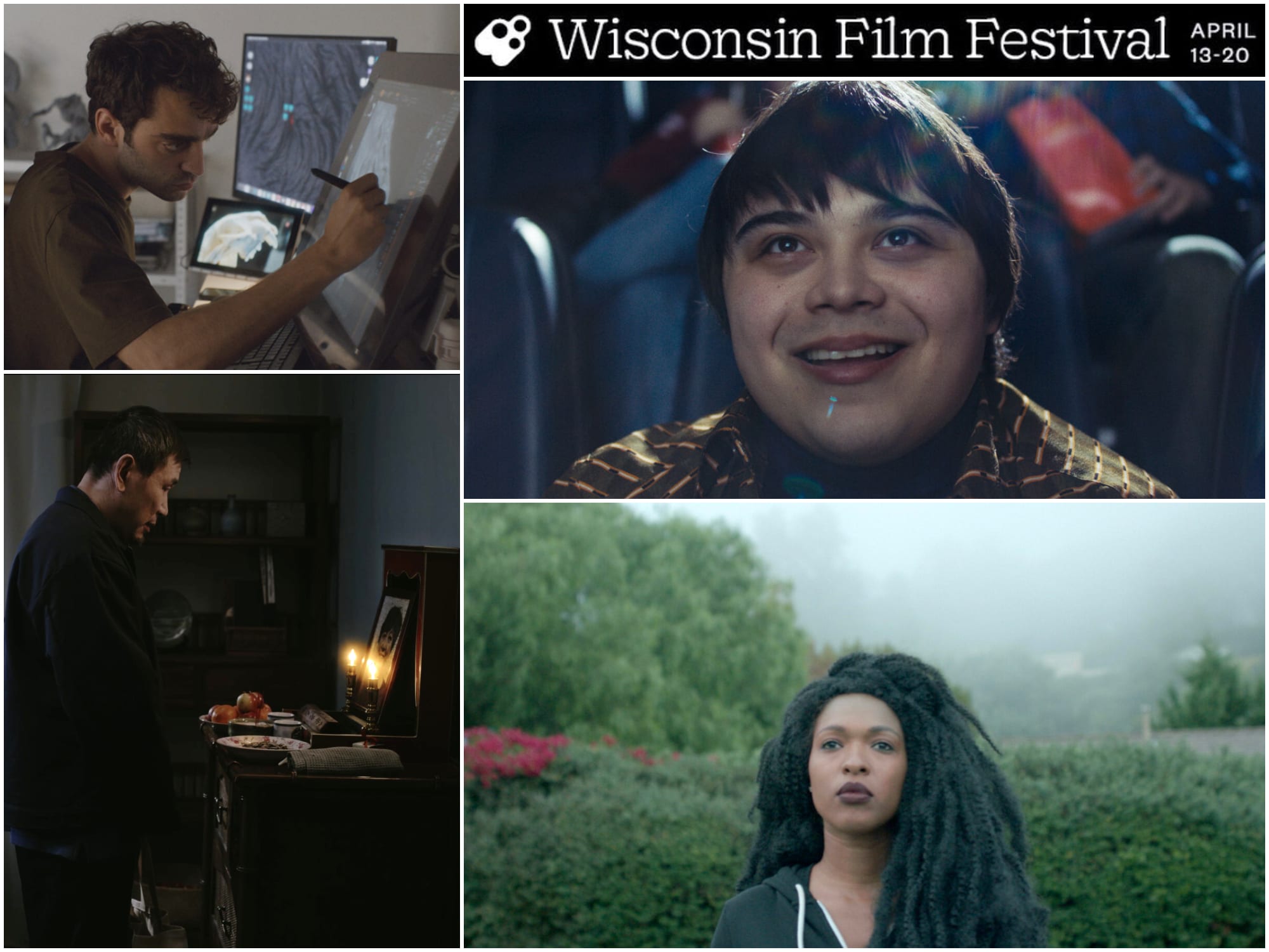 An image collage features the Wisconsin Film Festival logo and 2023 dates at top right. Underneath, a shot of Isaiah Lehtinen from Chandler Levack's "I Like Movies." Below that, Nyeisha Prince in Alison O'Daniel's "The Tuba Thieves." To her left, a shot of Jesse Wang in Andy Yi Li's short film, "After Sunset, Dawn Arrives." The top left features a shot of Nacho Sánchez in Carlos Vermut's "Manticore."