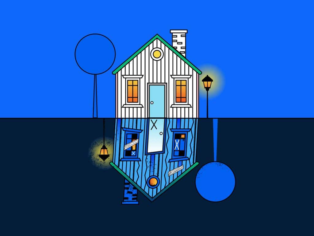 An illustration shows a horizontally split rectangular image. The top half displays a well-maintained house with a lamp light in a brighter blue color palette. Its reflected image on the bottom half shows the same house, but cracked and run-down at a slanted angle to indicate that it's off its foundation. The color palette for this mirrored image is of a darker blue, almost black, color.