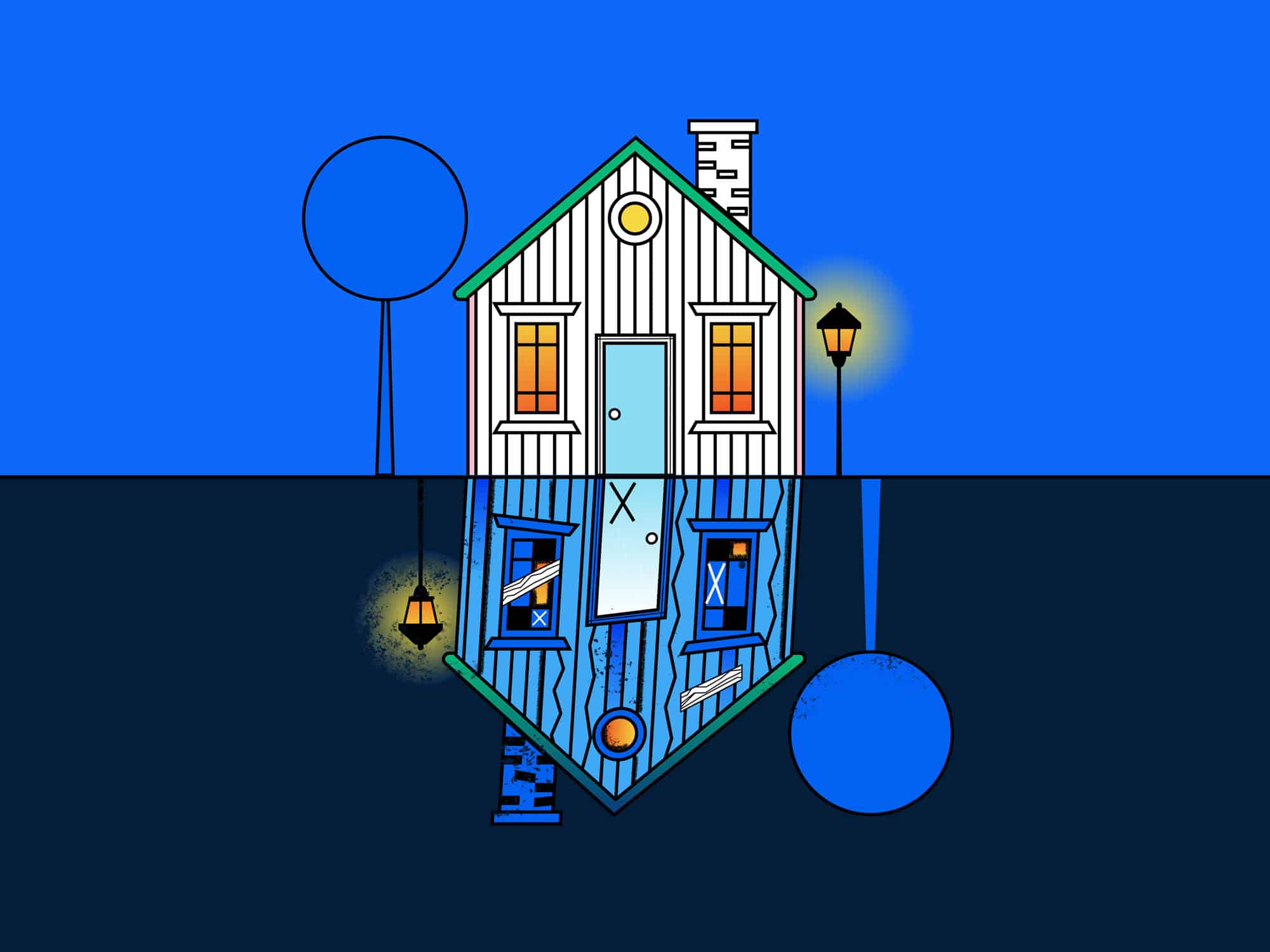 An illustration shows a horizontally split rectangular image. The top half displays a well-maintained house with a lamp light in a brighter blue color palette. Its reflected image on the bottom half shows the same house, but cracked and run-down at a slanted angle to indicate that it's off its foundation. The color palette for this mirrored image is of a darker blue, almost black, color.