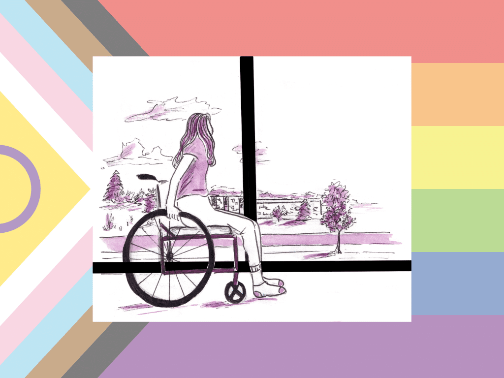 An illustration colored in shades of purple, black, and white depicts a young woman in a wheelchair looking outside at the landscape of trees and buildings. It is framed at the center of a large, inclusive Pride flag that surrounds the illustration.