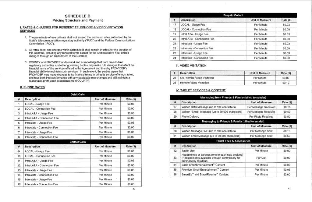 A screenshot from a proposed contract between Smart Communications and Dane County for jail telecomms services reads: SCHEDULE B Pricing Structure and Payment I. RATES & CHARGES FOR RESIDENT TELEPHONE & VIDEO VISITATION SERVICES A. The per-minute-of-use call rate shall not exceed the maximum rates authorized by the State's telecommunication regulatory authority ("PUC") and the Federal Communications Commission ("FCC"). B. All rates, fees, and charges within Schedule B shall remain in effect for the duration of this Contract, including any renewal terms except for the Administrative Fee, unless changed through an amendment to the Contract. C. COUNTY and PROVIDER understand and acknowledge that from time-to-time regulatory authorities and other governing bodies may make rule changes that affect the financial terms of the services offered in the Agreement and thereby PROVIDER's financial ability to maintain such services. In such event, the parties agree that PROVIDER may make changes to its financial terms to bring its service offerings, rates, and fees both into conformance with any applicable rule changes and still maintain a reasonable profit upon acceptance from COUNTY. II. PHONE RATES Debit Calls # Description Unit of Measure Rate ($) 1 LOCAL - Usage Fee Per Minute $0.03 2 LOCAL - Connection Fee Per Minute $0.00 3 IntraLATA - Usage Fee Per Minute $0.03 4 IntraLATA - Connection Fee Per Minute $0.00 5 Intrastate - Usage Fee Per Minute $0.03 6 Intrastate - Connection Fee Per Minute $0.00 7 Interstate - Usage Fee Per Minute $0.03 8 Interstate - Connection Fee Per Minute $0.00 Collect Calls # Description Unit of Measure Rate ($) 9 LOCAL - Usage Fee Per Minute $0.03 10 LOCAL - Connection Fee Per Minute $0.00 11 IntraLATA - Usage Fee Per Minute $0.03 12 IntraLATA - Connection Fee Per Minute $0.00 13 Intrastate - Usage Fee Per Minute $0.03 14 Intrastate - Connection Fee Per Minute $0.00 15 Interstate - Usage Fee Per Minute $0.03 16 Interstate - Connection Fee Per Minute $0.00 40 Prepaid Collect # Description Unit of Measure Rate ($) 17 LOCAL - Usage Fee Per Minute $0.03 18 LOCAL - Connection Fee Per Minute $0.00 19 IntraLATA - Usage Fee Per Minute $0.03 20 IntraLATA - Connection Fee Per Minute $0.00 21 Intrastate - Usage Fee Per Minute $0.03 22 Intrastate - Connection Fee Per Minute $0.00 23 Interstate - Usage Fee Per Minute $0.03 24 Interstate - Connection Fee Per Minute $0.00 III. VIDEO VISITATION # Description 25 On-Premise Video Visitation 26 Remote Video Visitation Unit of Measure Rate ($) Per Minute $0.00 Per Minute $0.12 IV. TABLET SERVICES & CONTENT Messaging from Friends & Family (billed to sender) # Description Unit of Measure Rate ($) 27 Written SMS Message (up to 100 characters) Per Message Received $0.10 28 Written "Email" Message (up to 30,000 characters) Per Message Received $0.50 29 Photo Delivery Per Photo Received $0.50 Messaging to Friends & Family (billed to sender) # Description Unit of Measure Rate ($) 30 Written Message SMS (up to 100 characters) Per Message Sent $0.10 31 Written Email Message (up to 30,000 characters) Per Message Sent $0.50 Tablet Fees & Accessories # Description Unit of Measure Rate ($) 32 Tablet Use Per Minute $0.00 33 Headphones or earbuds (one to each new booking) (Replacements available through commissary for purchase by resident). Per Unit $0.00 34 Basic SmartEntertainment™ Content Per Minute $0.00 35 Premium SmartEntertainment" Content Per Minute $0.03 36 SmartEd and SmartReentry™ Content Per Minute $0.00
