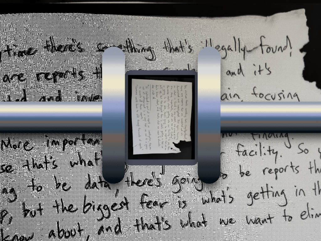 An illustration shows an enlarged handwritten note that is overlaid with steel horizontal arms of a scanning device. The arms move from the edges towards the center of the image. The smaller, original-sized text of the note is framed at the center of the device and rotated 90 degrees clockwise.