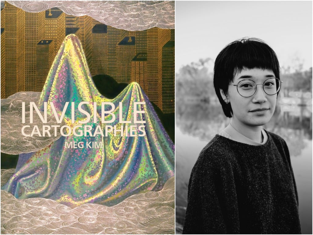 A basic landscape-oriented collage is split vertically and comprised of two other images. On the left, a book jacket for "Invisible Cartographies" displays the title in large capital-letter white text at the center with the author "Meg Kim" in smaller font below it. The book jacket design is abstract, and captures an imposing cityscape in shades of gold and black in the upper background, while a shimmering, prismatic blanket covers the middleground. Spiraling coral-like designs appear in the foreground and at the top of the jacket above the cityscape. The image on the right is a black-and-white portrait photograph of Meg Kim, who wears round glasses. They are dressed in a simple, solid-colored sweater with short black hair.