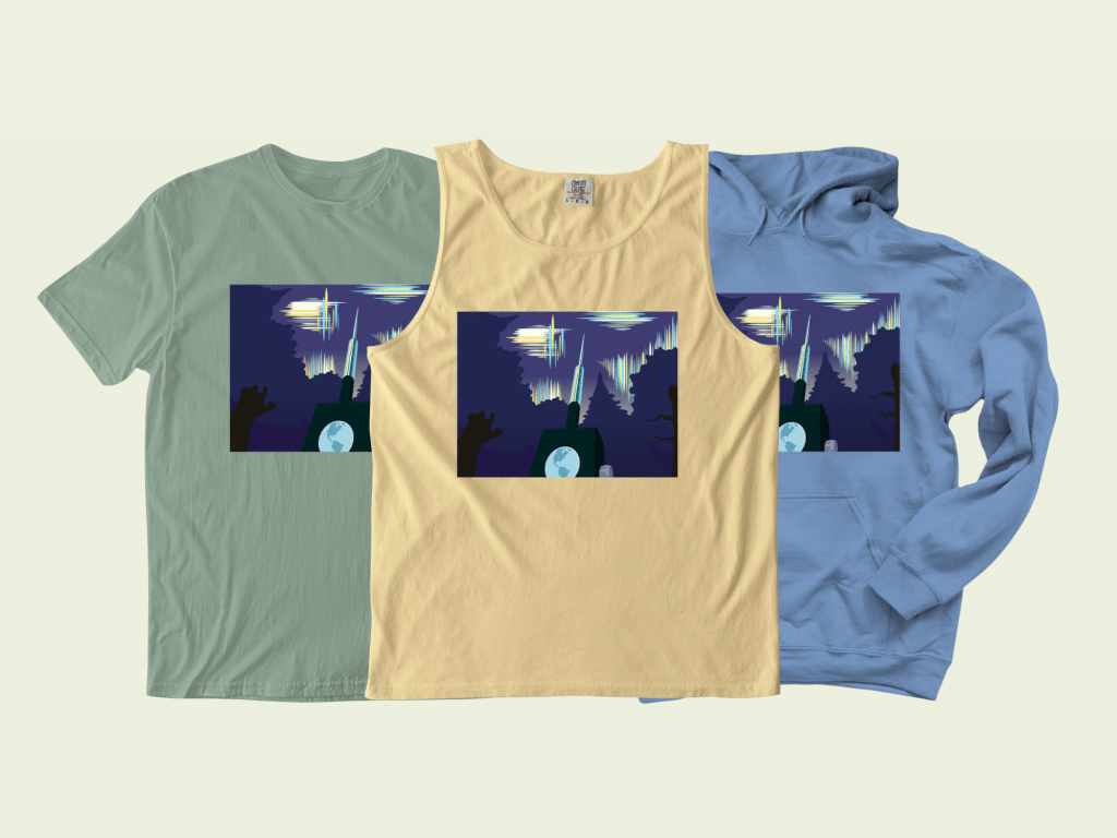 Three shirts are displayed on a light yellow background—from left to right, a green t-shirt, a yellow tank top, and a light blue hoodie—with the "Listen to the sky" illustration.