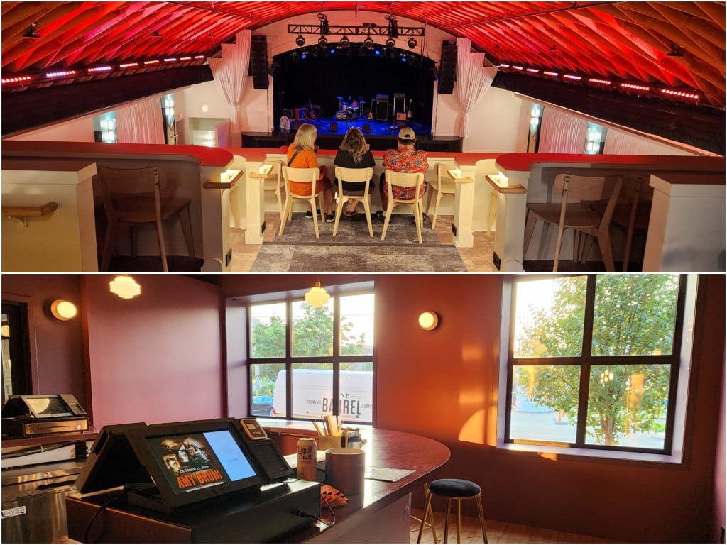 A simple image collage shows two landscape-oriented photos at a music venue. The top photo view, at a higher angle, shows a balcony area with a few rows of seats and fluorescent lighting. The area overlooks the main floor and stage in the distance. The bottom photo shows a cozy taproom area with sunlight streaming in through two main windows at the back wall.