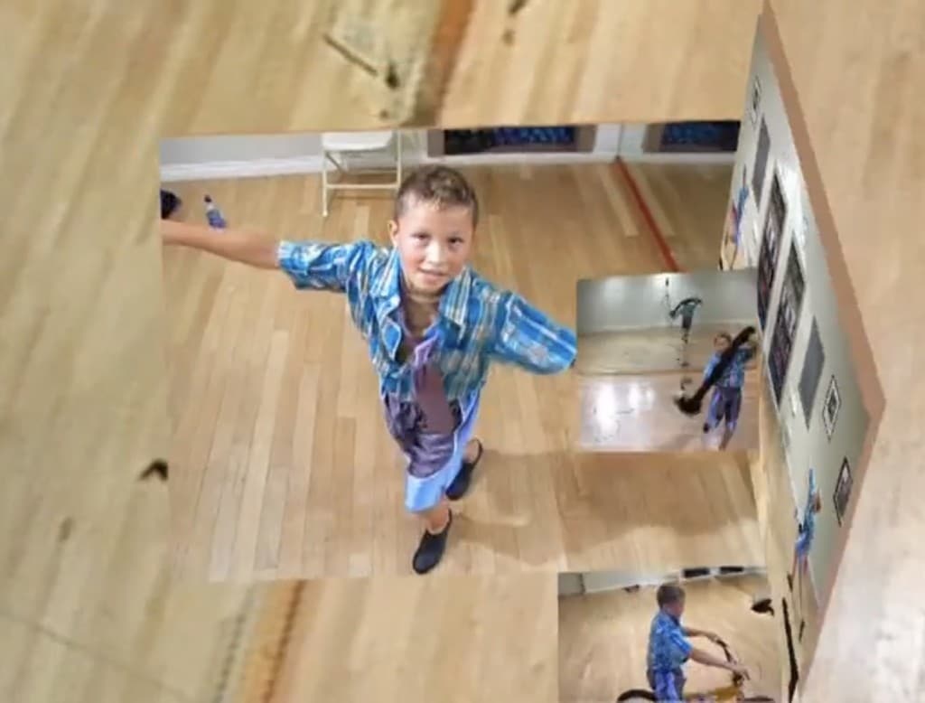 A lower-resolution digital still from the film "I-Be Area" shows a collage of overlapping images of varying sizes. All the images feature a pre-teen boy in shorts in a striped shirt making various gestures or performing various stunts in a room with a hardwood floor.