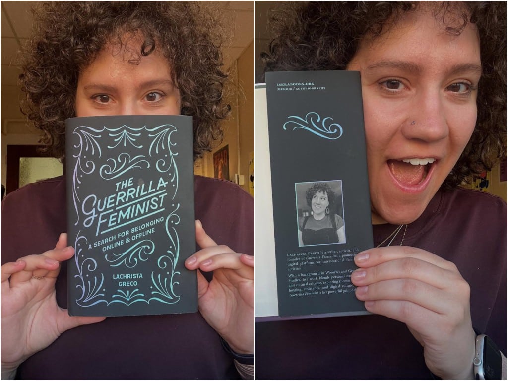 A simple image collage shows two portrait photos of the same person side by side. On the left, a curly-haired woman in a burgundy-colored shirt holds up a copy of a book, partly covering her face. The black book jacket title reads "The Guerrilla Feminist: A Search For Belonging Online & Offline Lachrista Greco" in metallic foil. On the right, the same woman appears, holding open the book to the back cover that reveals her jacket portrait and biography. She smiles widely.