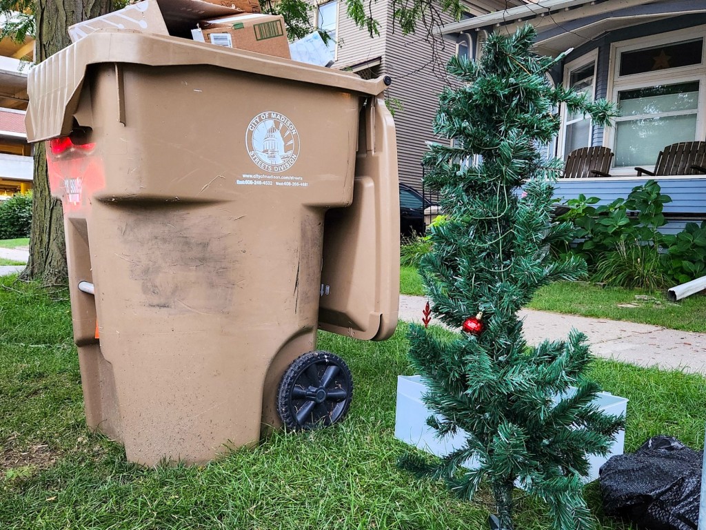 Close-up photograph of a tan-colored, scuffed City Of Madison garbage receptacle filled with boxes. It sits on the grass near the curb next to a discarded mini-Christmas tree on North Carroll Street in Madison.