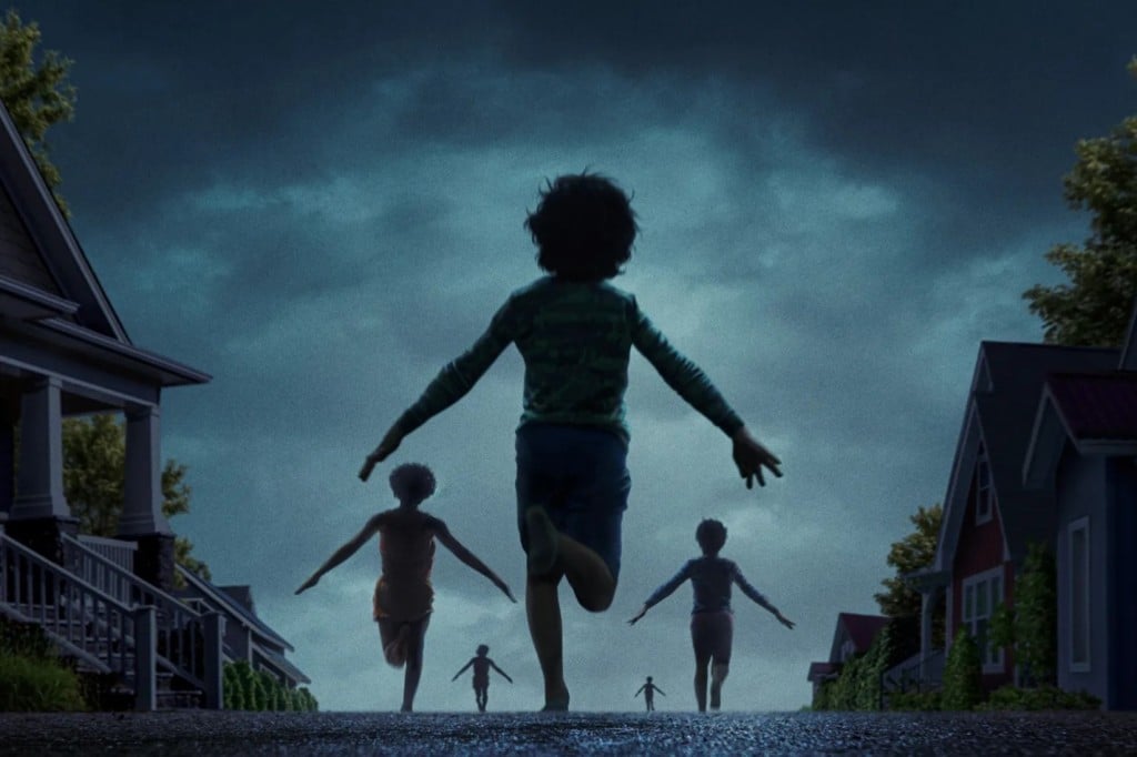 A modified still from the film "Weapons" shows several third-grade children running away from their suburban homes in the dead of night. The color-grading renders everything in a blue-ish grey, with the children running in a strange formation down a street into the distance. The children's arms are all held out to their sides to form an arrow-like shape.