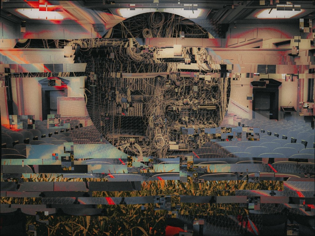 A glitched, earth-toned illustration shows a large lecture hall that is sloping down towards the background. The center is engulfed in exposed wiring. An image of a wheat or cornfield is spliced into the bottom part of the illustration where the dull blue-colored seats are located.