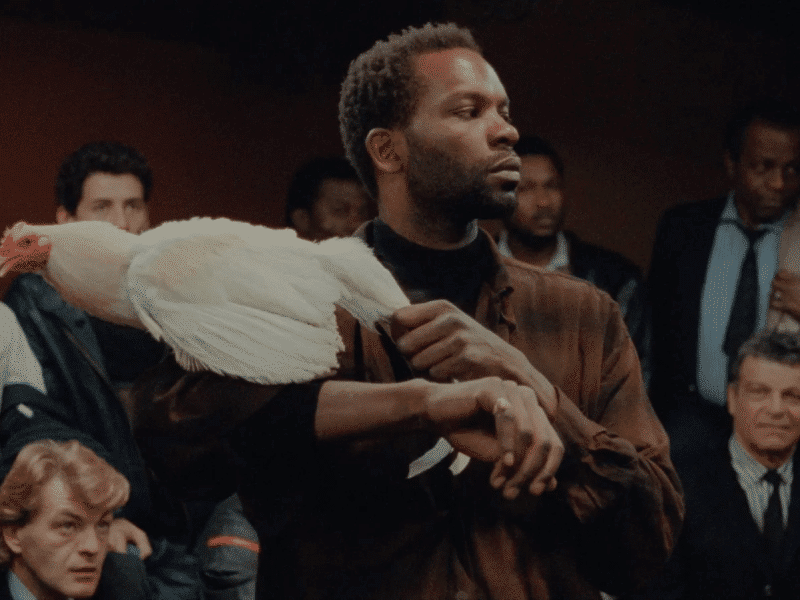 A screenshot of "No Fear, No Die" shows the Black character, Jocelyn, standing before a diverse audience of cockfighting spectators surrounding him. Jocelyn holds a white rooster, Toni, over his shoulder in a dominant, flaunting pose.