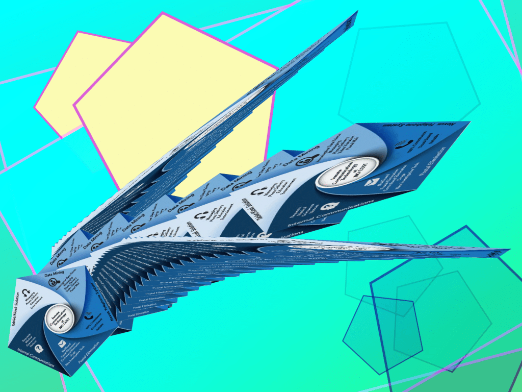 Digital collage of a Smart Communications infographic, squashed into the form of an alien hawk swooping down over an abstract landscape. The abstract landscape is rendered in shades of green, and contains outlines of different sizes of pentagon shapes.