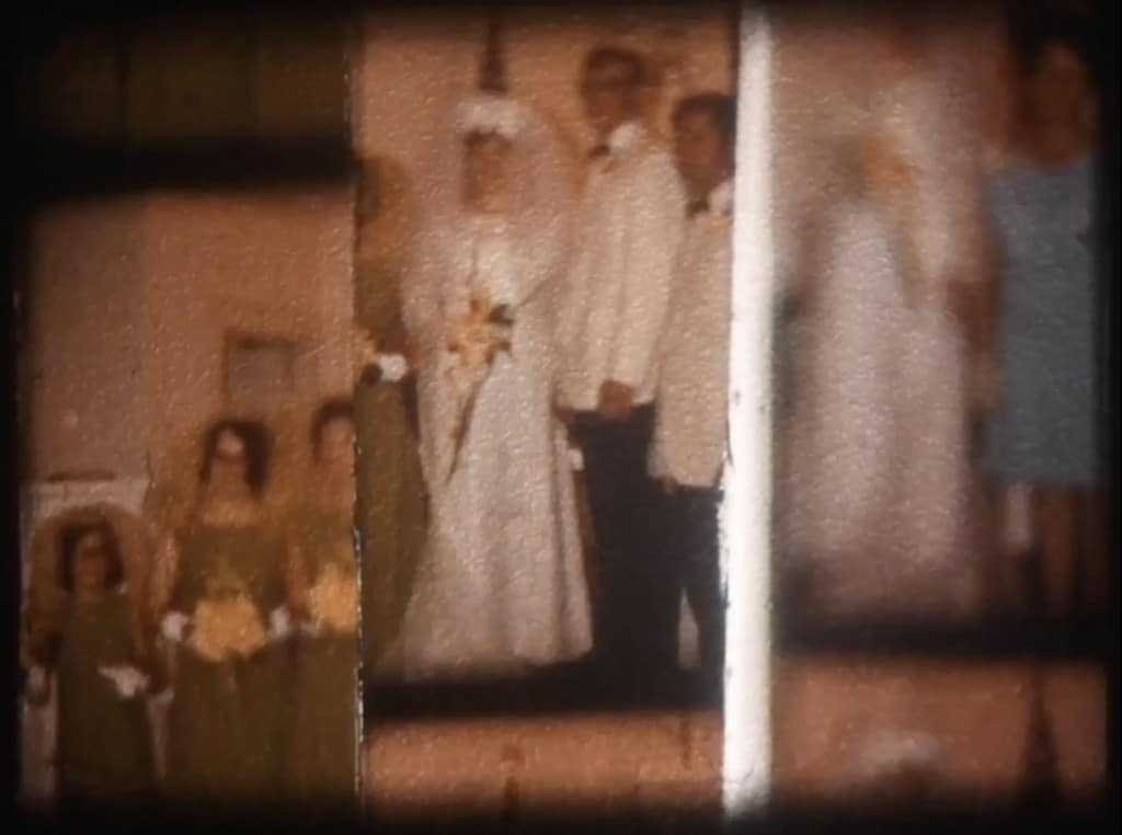 A faded, sepia-colored still from Blake Barit's short film "Scrapbook." It shows a medium close-up of two wedding photos spliced together with the faces of the bridesmaids and groomsmen blurred out.