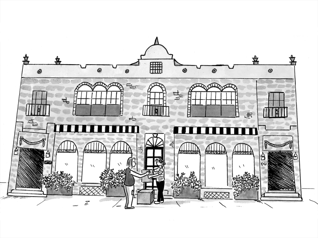 A black-and-white illustration of the front of a very symmetrical two-story, brick building that was constructed nearly 100 years ago. Two people are shown at the front entrance. One hands a cardboard box to the other, suggesting that someone is moving.