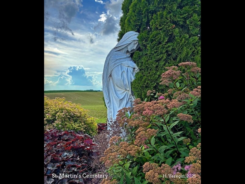 Photo taken at St. Martin's Cemetery in Northwest Dane County shows a religious stone sculpture positioned in a garden of colorful flowers and a large bush to its right. A picturesque, cloudy sky and field stretch out behind it in the top left corner of the image.