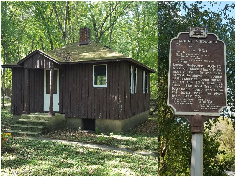 A simple photo collage contains two images. On the wider left, a daytime photo of modest wooden cottage that was constructed around the middle of the 20th century. It's situated in a wooded area, painted brown with white trim around the window frames and front door. To the right, a slender vertical close-up photo of a nearby historical marker contains a simple biography of poet Lorine Niedecker. A few lines of her poetry are also printed on the sign: "Fish fowl flood Water lily mud My life in the leaves and on water My mother and I born In swale and swamp and sworn to water."