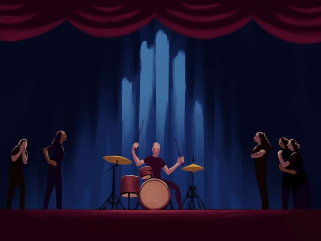 An illustration shows a nondescript man actively drumming in the center of a stage with a blue backdrop and red curtains above. Five women stand on both sides of the stage to the drummer's left and right, surrounding him. The women convey negative, upset emotions through their arm gestures and body language.