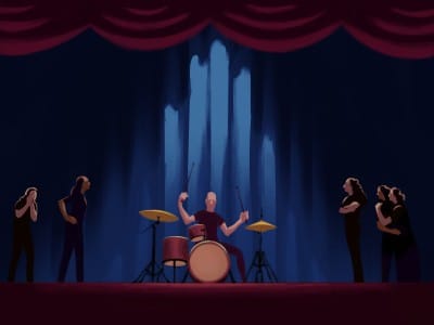 An illustration shows a nondescript man actively drumming in the center of a stage with a blue backdrop and red curtains above. Five women stand on both sides of the stage to the drummer's left and right, surrounding him. The women convey negative, upset emotions through their arm gestures and body language.