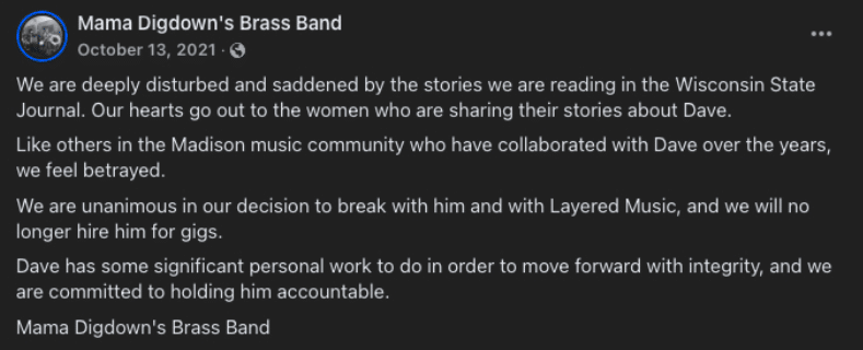 Screenshots of social media statement from Mama Digdown's Brass Band.