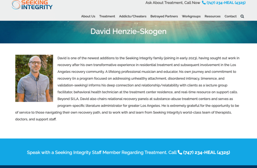 Before screenshot of David Henzie-Skogen's bio on "Seeking Integrity's" website where the term "clinician" has been removed.