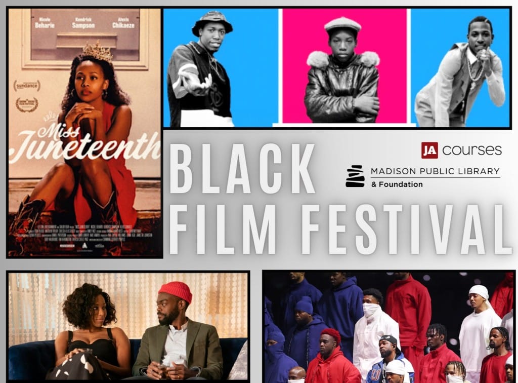 A rectangular graphic to promote the Black Film Festival in Madison shows several different images with thin black border outlines in each corner. These include a poster for the narrative film "Miss Juneteenth" in the upper left and archival black-and-white photos from the documentary film "Fresh Dressed" in the upper right above the festival text and logos for both Madison Public Library and Justified Anger: Courses. The lower part of the image contains images from video essays—a Black couple sitting in a living room (at the bottom left) and Kendrick Lamar's Super Bowl Halftime performance (at the bottom right)—that are included as part of the festival.