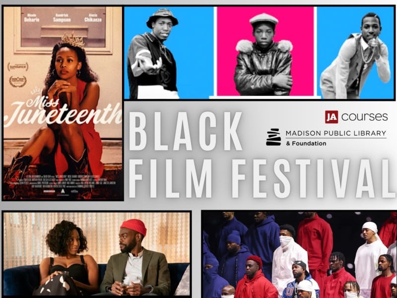 A rectangular graphic to promote the Black Film Festival in Madison shows several different images with thin black border outlines in each corner. These include a poster for the narrative film "Miss Juneteenth" in the upper left and archival black-and-white photos from the documentary film "Fresh Dressed" in the upper right above the festival text and logos for both Madison Public Library and Justified Anger: Courses. The lower part of the image contains images from video essays—a Black couple sitting in a living room (at the bottom left) and Kendrick Lamar's Super Bowl Halftime performance (at the bottom right)—that are included as part of the festival.