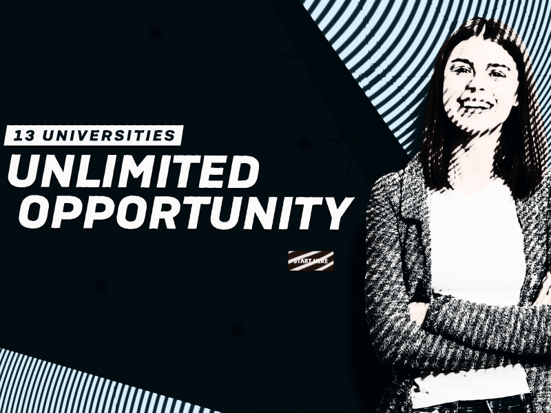 Modified screenshot with obscuring, spiraling lines over parts of the front page of the Universities Of Wisconsin main page (https://www.wisconsin.edu). The text "13 Universities" is displayed in black text in a white box on the lefthand side. "Unlimited Opportunity" appears in larger white text on a black background below it. A female student smiles with her arms crossed on the righthand side.