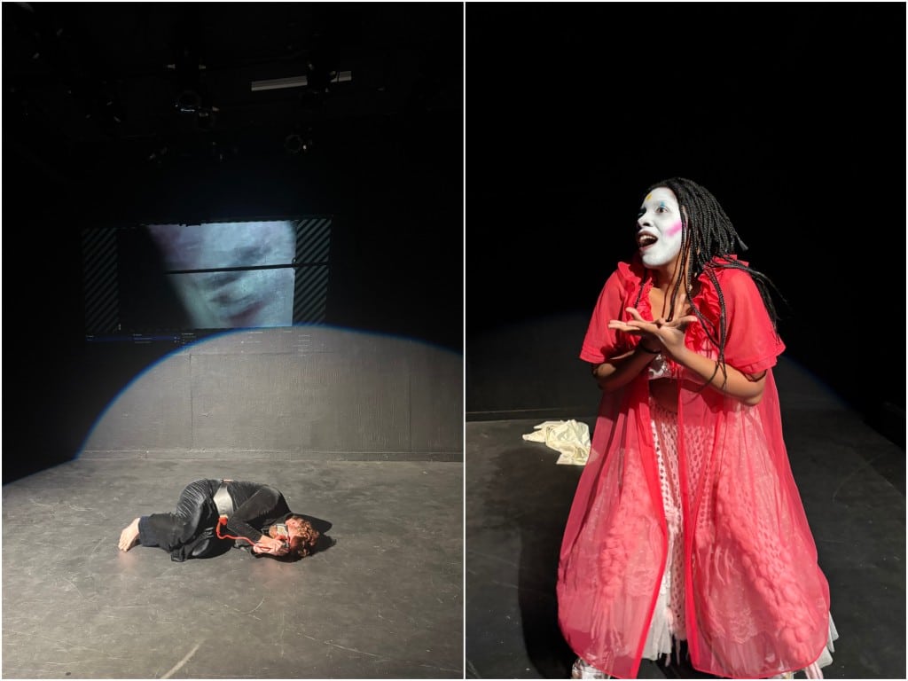 A simple, vertically split image collage on a black theater stage. The left photo shows a figure in a black velvet suit curled up on the floor staring at a phone attached to a red cord directly in front of their face. On the right, a closer photo of a dancer in white face paint gesturing out with her hands mid-motion. She wears a white undergarment and a semi-transparent red gown overtop.