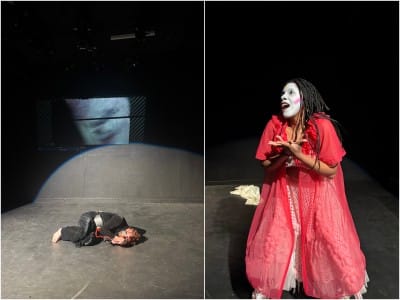 A simple, vertically split image collage on a black theater stage. The left photo shows a figure in a black velvet suit curled up on the floor staring at a phone attached to a red cord directly in front of their face. On the right, a closer photo of a dancer in white face paint gesturing out with her hands mid-motion. She wears a white undergarment and a semi-transparent red gown overtop.