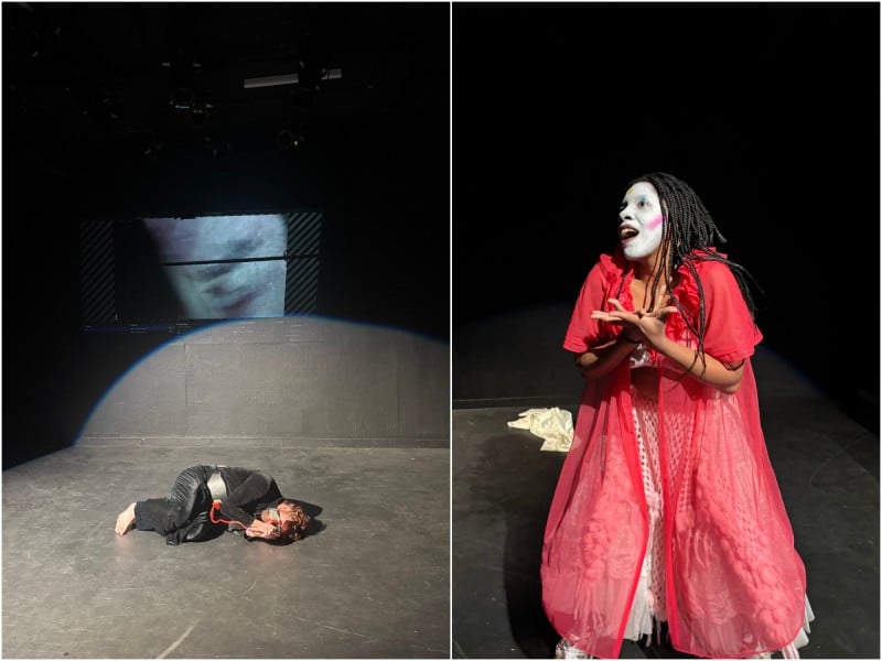 A simple, vertically split image collage on a black theater stage. The left photo shows a figure in a black velvet suit curled up on the floor staring at a phone attached to a red cord directly in front of their face. On the right, a closer photo of a dancer in white face paint gesturing out with her hands mid-motion. She wears a white undergarment and a semi-transparent red gown overtop.