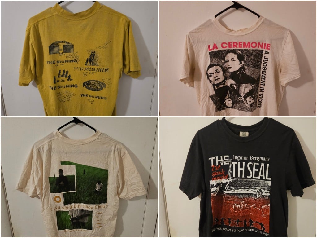 A simple collage of four photos featuring t-shirts that are displayed on a door with black plastic hangers. Designs include images from the films "The Shining" in a mustard yellow color, "La Ceremonie" characters on a white shirt, screen-captures from "All About Lily Chou-Chou" on a cream-colored shirt, and Swedish title text and screen-captures from "The Seventh Seal" on a black shirt.
