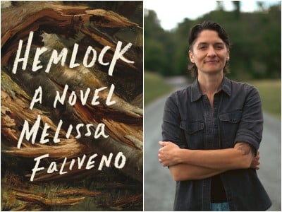 A simple image collage of a book jacket on the left and author portrait on the right. The jacket reads "Hemlock A Novel Melissa Faliveno" in white chalk-like lettering over an impressionistic painting of splintered branches and wood on the ground. The author, Faliveno, wears a dusty grey button-up shirt with the sleeves rolled up past her elbows. She folds her arms and looks squarely at the camera lens with a faint but confident smile.