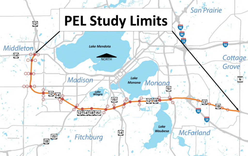 A basic zoomed-out map of the greater Madison area shows the various town names along a proposed lane expansion of the Beltline South of Madison proper. The heading reads "PEL Study Limits." The route is highlighted in orange, running from Middleton to West Madison to Fitchburg to Monona to McFarland.