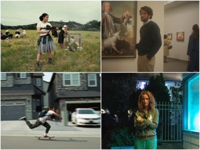Simple rectangular image collage of four film stills. At the top left, teenager Willa (Chase Infiniti) practices shooting an assault rifle in an open field in "One Battle After Another." At the top right, thirtysomething parent J.B. Mooney (Josh O'Connor) scopes out the Framingham Art Museum before he plans a robbery in "The Mastermind." At the bottom left, teenager Kyle (Jackson Sluiter) skates through the suburbs of Calgary in Alberta, Canada. At the bottom right, frazzled mother Linda (Rose Byrne) stops for a moment at her motel after visiting the convenience store in "If I Had Legs I'd Kick You."