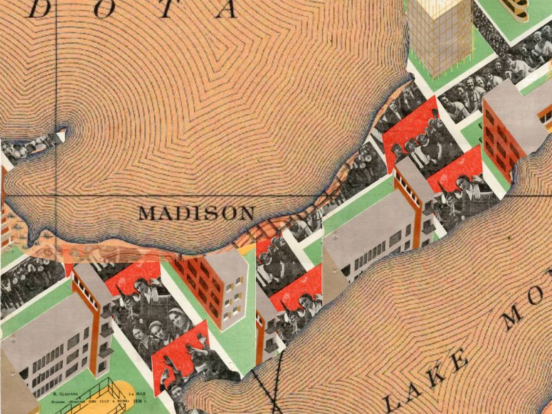 A digital illustration shows a map of Madison's central Isthmus, superimposed over a collage-style art piece showcasing urban development in the Soviet Union.