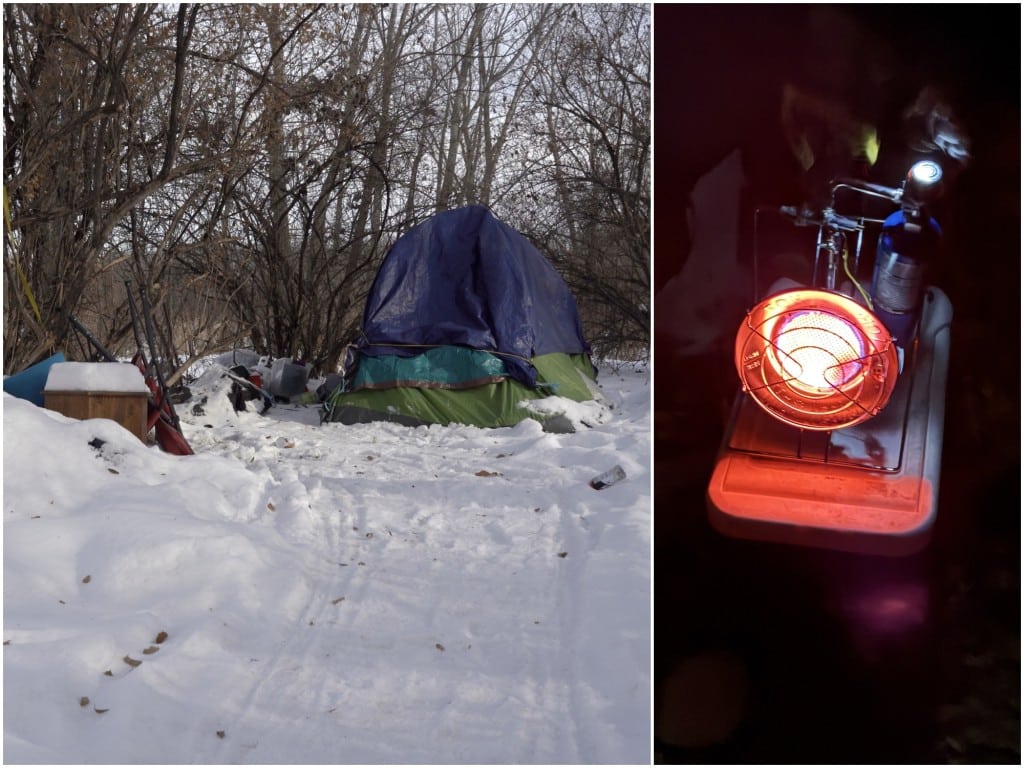 Simple image collage of a snowy outdoor scene in a backwoods area on the left. A shelter in the background is covered by blue and green tarps. The photo on the right shows a mini-space heater glowing red in the dark of a tent.