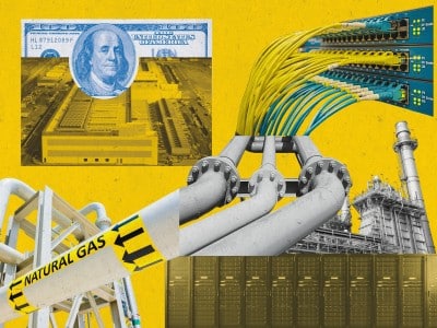 A collage illustration with a yellow slate background. Fragments of natural gas pipelines, positioned at an angle from the bottom left corner, extend into the center of the image and connect to yellow and turquoise data cables that then connect to server ports. Below that is a cut-out of a power plant in greyscale. In the upper left corner, a $100 American bill with Benjamin Franklin's face is shown, which, in the lower half, cuts into a greyscale image of a data center.