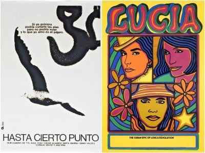 A simple image includes two movie posters: one in the Spanish language on the left for "Hasta Cierto Punto," released in 1983, and one in English on the right for "Lucía," released in 1968. The left poster is rather minimalist in black and white with a bird flying in the center. The tagline above it reads "Si yo quisiera podria cortarle las alas pero no podria volar y lo que yo amo es el pajaro." The right poster renders the title LUCIA in a large font along with three women in pretty psychedelic-era colors like orange, green, maroon, blue, and blue on a bright yellow background. The tagline of "The Cuban epic of love & revolution" appears towards the bottom.