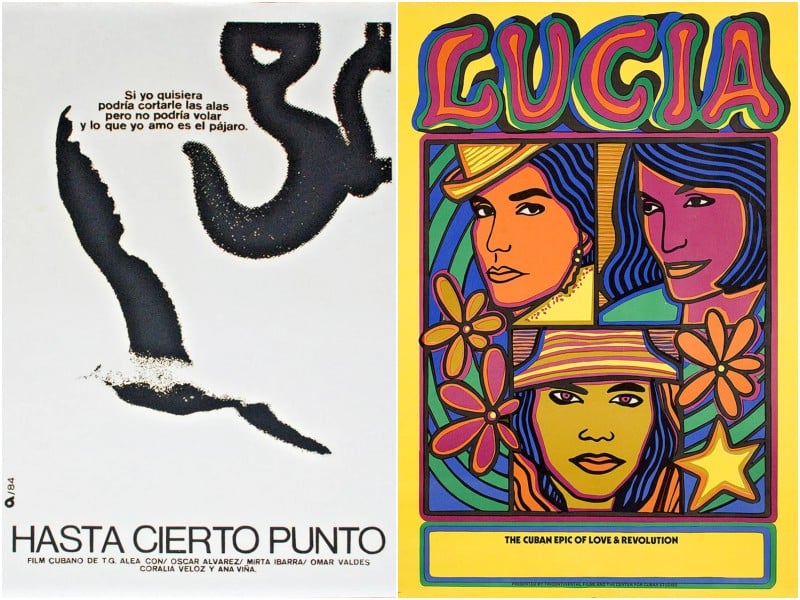 A simple image includes two movie posters: one in the Spanish language on the left for "Hasta Cierto Punto," released in 1983, and one in English on the right for "Lucía," released in 1968. The left poster is rather minimalist in black and white with a bird flying in the center. The tagline above it reads "Si yo quisiera podria cortarle las alas pero no podria volar y lo que yo amo es el pajaro." The right poster renders the title LUCIA in a large font along with three women in pretty psychedelic-era colors like orange, green, maroon, blue, and blue on a bright yellow background. The tagline of "The Cuban epic of love & revolution" appears towards the bottom.