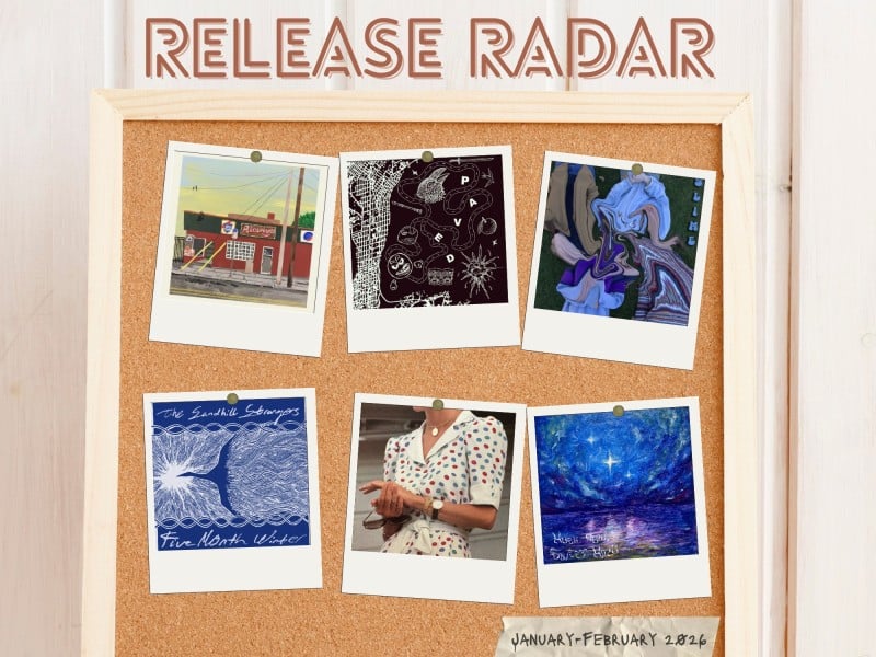 A custom collage graphic shows a cork bulletin board with six Polaroid-type photos pinned to it in two horizontal rows of three. Each Polaroid image represents a song or album cover art from a Madison band. The title of "RELEASE RADAR" appears above the board in a large, brown, outline lettering.
