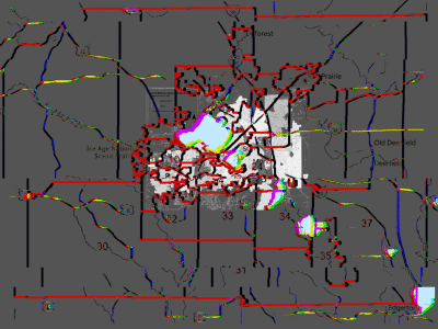 A partly distorted map of Dane County districts that are numbered and named as well as primarily designated by squiggly red and black lines. A background image filter is a dark grey color that obscures many of the district numbers, towns, cities, and route names.