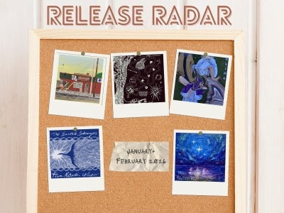 A custom collage graphic shows a cork bulletin board with five Polaroid-type photos pinned to it in two horizontal rows. Each Polaroid image represents a song or album cover art from a Madison band. The title of "RELEASE RADAR" appears above the board in a large, brown, outline lettering.
