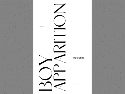 The white chapbook book jacket for "Boy Apparition" is centered on a slate grey background. The title appears in huge vertically spaced black font, while much smaller font subtitle in the upper left and lower right corners reads "a travelogue of atemporal genders" horizontally. The author's name, mk zariel, also appears horizontally.