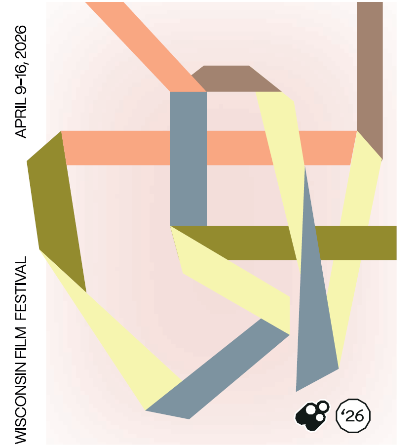 A multi-colored pastel ribbon design for the 2026 Wisconsin Film Festival guide. Strips of color are divided into oblong rectangles, parallelograms, and triangles, twisted into a larger maze-like shape. Information about the festival is printed vertically along the left edge, including the dates of April 9-16, 2026.