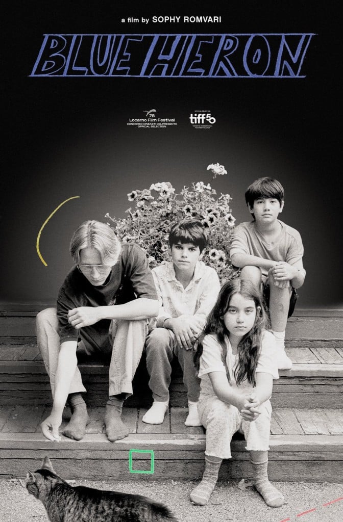 "Blue Heron" film poster design in black-and-white with blue chalk-outline font for the title. The three children sitting on the wooden steps stare forward, while the eldest looks down towards the ground to feed something to a cat in the foreground.