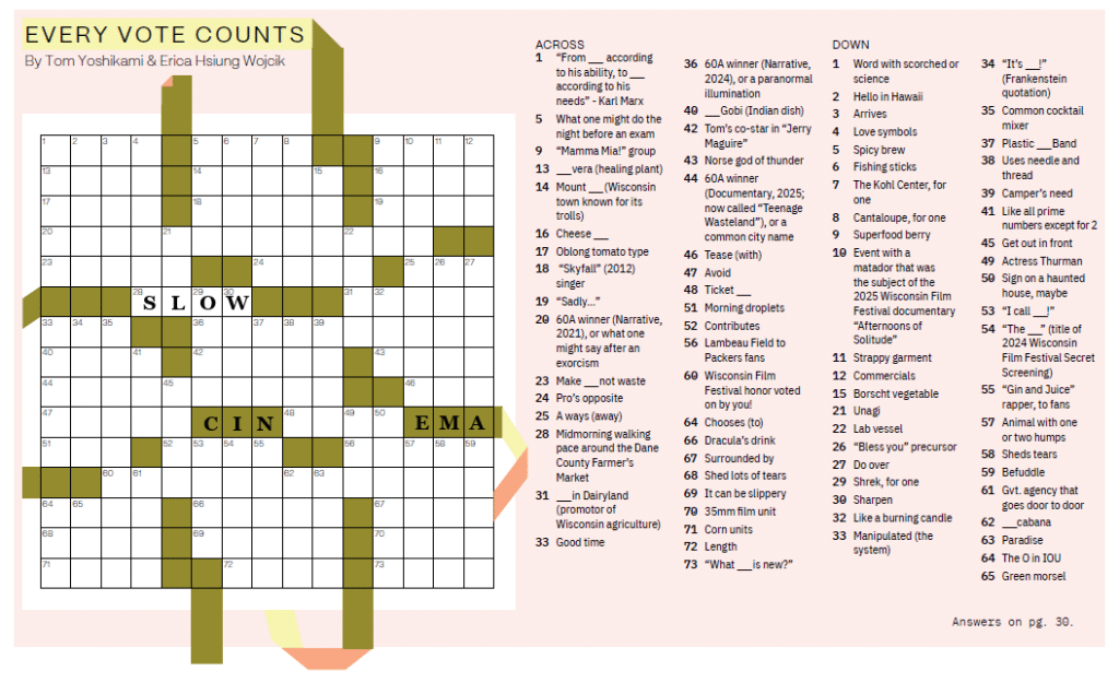 A movie- and Madison-themed crossword puzzle provided in the 2026 Wisconsin Film Festival guide. The heading reads "Every Vote Counts," and the writing and design of the crossword is attributed to Tom Yoshikami and Erica Hsiung Wojcik. Number 28 Across is completed with the word "slow," and "cinema" is written in the blank spaces beneath it—the word split in two sets of three letters "cin" and "ema."