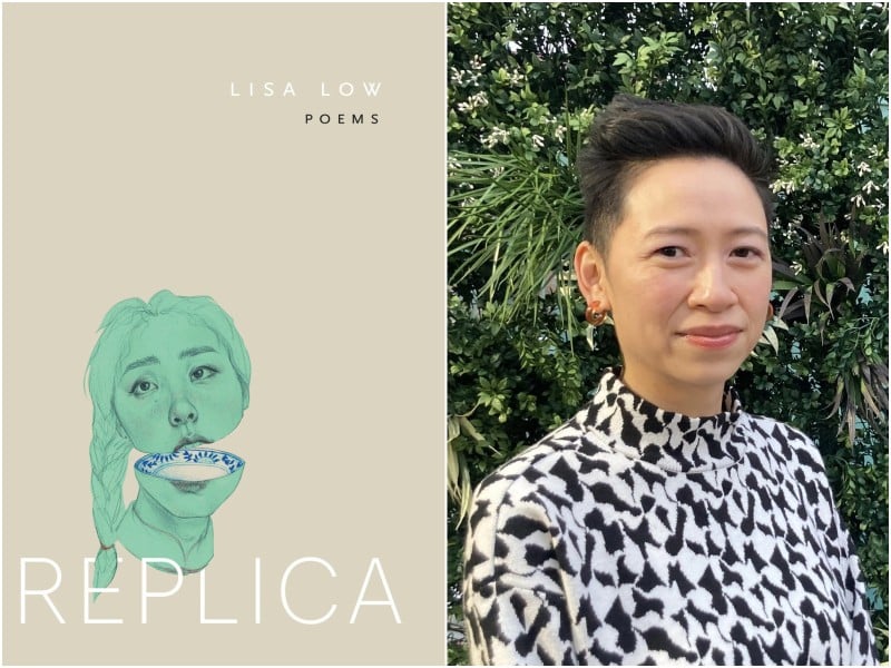 A simple image collage vertically juxtaposes an image of the "Replica" book jacket with a sunny headshot of author Lisa Low. The jacket cover on the left has a tan-colored background and features a small, jade green-tinted illustration (by Yuqing Zhu) of an Asian woman's head that is bisected at the mouth to reveal the white and blue porcelain of fine china. The title "REPLICA" appears in thin white lettering underneath this illustration. In the photo of Low on the right, she wears a black-and-white patterned turtleneck jacket and stands outside against flowering plants and trees behind her. Low looks directly at the camera and smiles slightly.