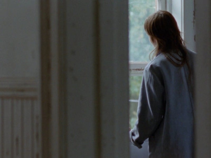 Still frame taken from the experimental documentary "The Phalanx" shows a person looking out the window of a historical house in Ripon, Wisconsin. They wear a long-sleeve shirt, and their back is to the camera. The camera is positioned in the door frame of an adjacent room, as if peeking in on them.