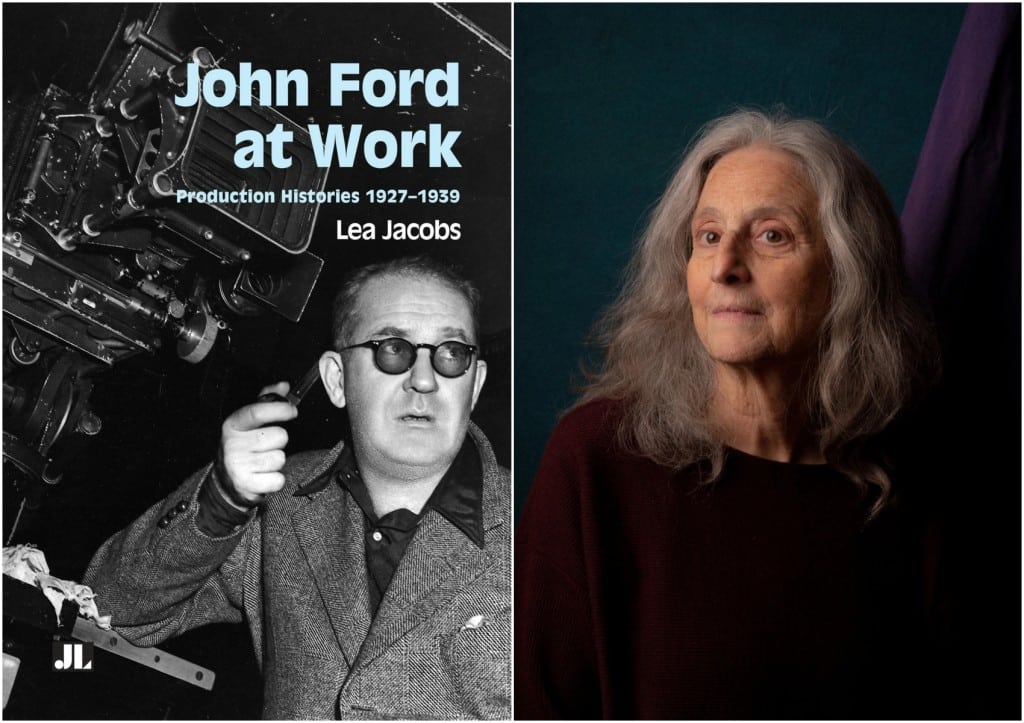 A simple vertical image collage juxtaposes the jacket for the book "John Ford At Work: Production Histories 1927-1939" at the left with a headshot of the author at the right. The book jacket shows director John Ford wearing a suit and sunglasses and looking up at something unseen. He rests his right arm on the edge of a rigged 35mm film camera. In the Jacobs headshot, colors are dark and muted, obscuring the true color of her dark sweater. She looks at the camera with a neutral expression.