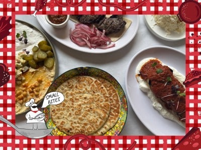 Photo of several ovular and circular plates of Halal restaurant cuisine on a white table. The food includes lamb chops, bread, an appetizer spread, and mantu (meat-stuffed dumplings). Bordering this photo is a red and white checkered tablecloth illustration. In the lower left corner of this illustrated frame is a small chef with an oversized mustache standing on a spoon. The chef's speech bubble reads "Small Bites."
